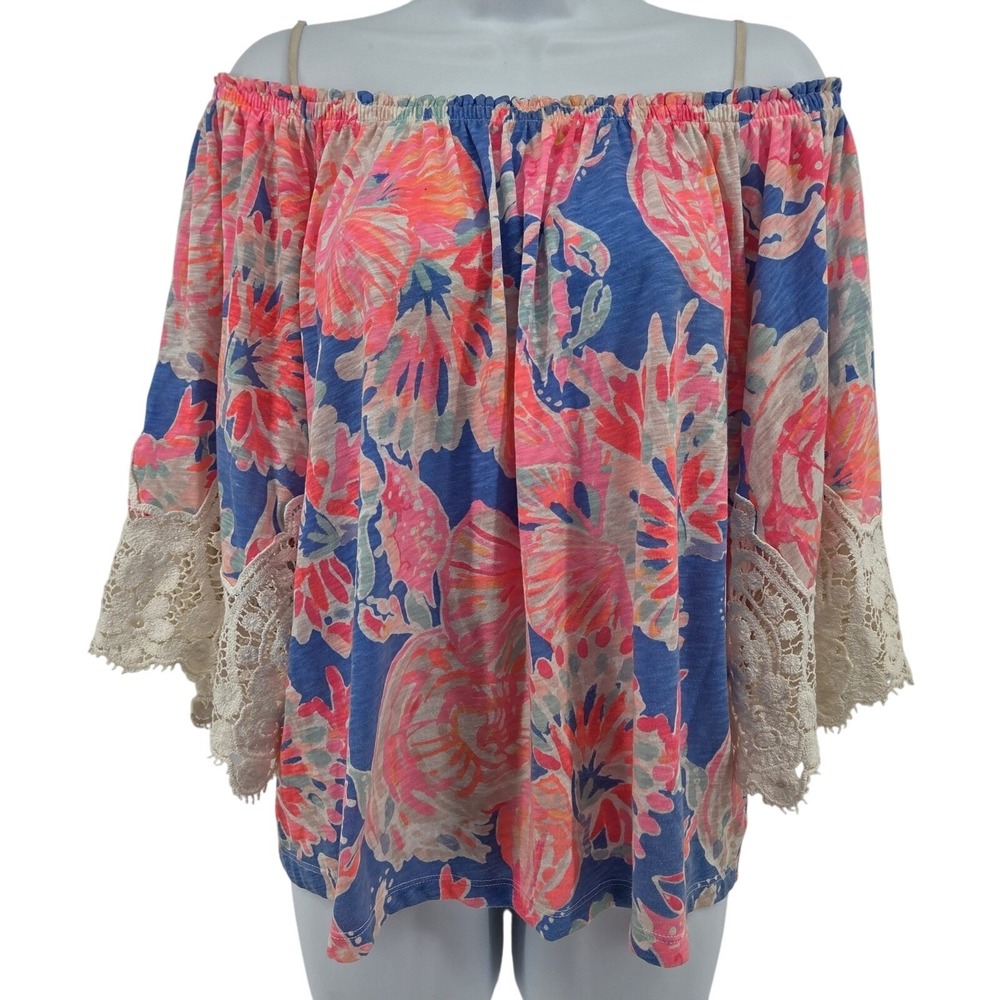 Lilly Pulitzer Zaylee Top Bennett Blue Bay Dreaming Off Shoulder Lace Trim Small
